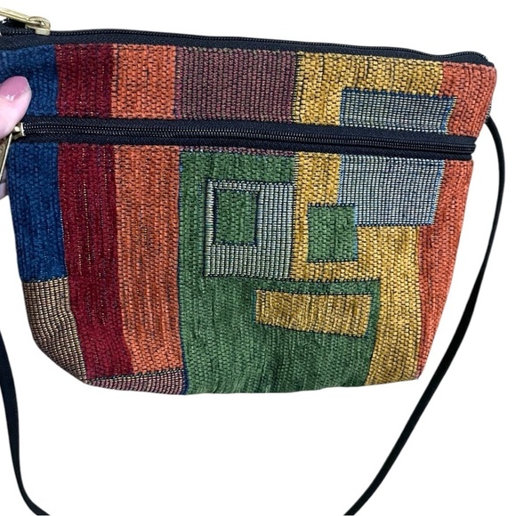 Vintage Handbags - Vintage 90s Corduroy Multicolor Patchwork Adjustable Strap Small Purse